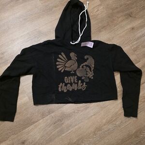Black Thanksgiving Cropped Hoodie with Give Thanks Print